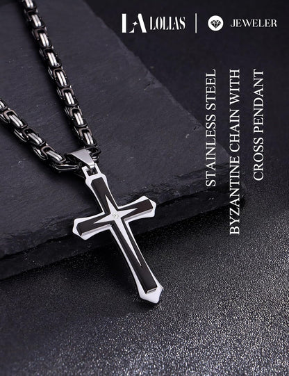 Black 14K Gold Plated 𝐂𝐫𝐨𝐬𝐬 𝐍𝐞𝐜𝐤𝐥𝐚𝐜𝐞 for Men Stainless Steel 𝐁𝐲𝐳𝐚𝐧𝐭𝐢𝐧𝐞 Chain with Cross Pendant Necklace 𝐌𝐞𝐧𝐬 𝐆𝐢𝐟𝐭 22-30Inch