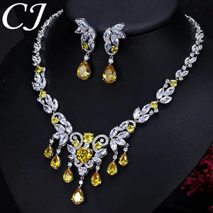 CANDICE Luxury CZ Stone Bridal Jewelry Pave High Quality Yellow Crystal Water Drop Earrings Necklace Wedding Party Set For Brides