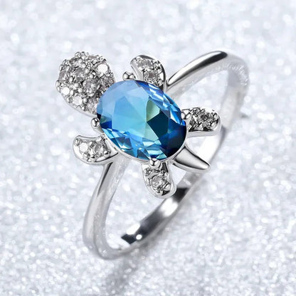 Rainbow Stone Turtle Rings Cute Animal Sea Turtle Ring White Sapphire Diamond Ring Ocean Style Turtle Aquamarine Crystals Rings for Women and Men Birthday Party Anniversary Gift Wedding Engagement Ring Jewelry 14 Colors Size 5-11