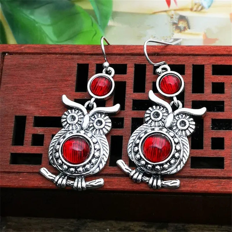 Retro Tibetan Silver Natural Ruby Sapphire Inlay Owl Ear Hook Dangle Earrings Gift for Women - WORLD TIME VISITS