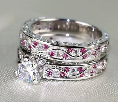 Heart 1Ct CZ Ruby 10KT White Gold Filled Claddagh Ring Sets Women'S Wedding Ring Sz6-9