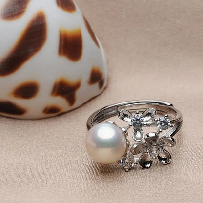 Flower 925 Sterling Silver White Natural Freshwater Cultured Pearl Ring for Women'S Fine Jewelry
