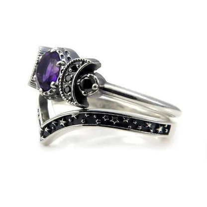 Hecate Triple Moon Ring Set Silver and Black Diamond Engagement Rings  Amethyst or Red Crystal Wedding Ring Unique Moon Goddess Rings for Women Fashion Jewelry Boho & Hippie & Gothic Anniversary Gift