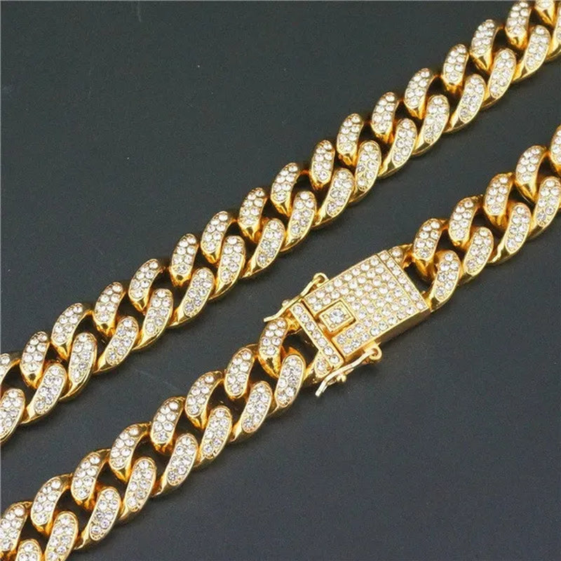 13MM Men's Hip Hop Necklace or Bracelet,Iced Out Bling Rhinestones Miami Cuban Link Chain Necklace Bracelet Set Jewelry Gifts