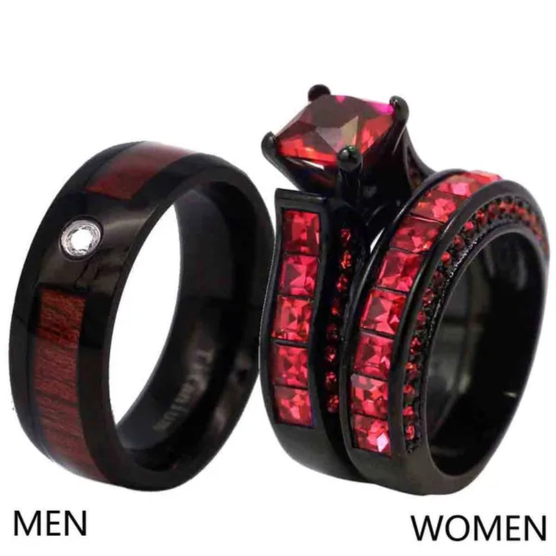Couple Rings Sz 6-12 Titanium Steel Red Wood Mens Wedding Band Ruby Black Gold Filled Womens Wedding Ring Sets