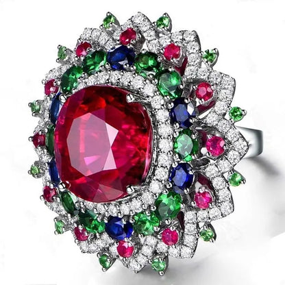 Luxury  Silver Ruby & Emerald & Sapphire & White Sapphire Natural stone Birthstone Gemstones Engagement Eyes Brand Flower Rings Wedding Anniversary Bride Women Ring Size 678910