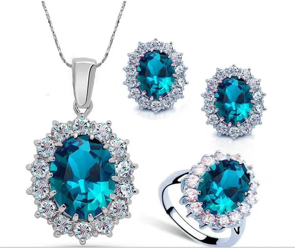 Fashion Natural 925 Silver Sapphire Ring Earring Necklace Set Ladies High-End Crystal Diamond Three-Piece Set Women'S Wedding Jewelry Party Gift Europe and America