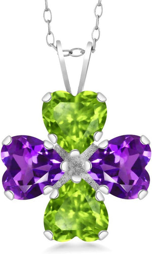 925 Sterling Silver Green Peridot and Purple Amethyst 4 Heart Shape Gemstone August Birthstone Pendant Necklace for Women (2.96 Cttw, 6MM Heart, with 18 Inch Silver Chain)