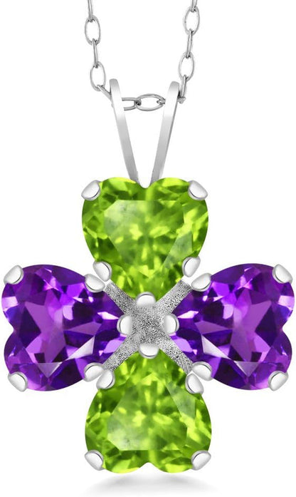 925 Sterling Silver Green Peridot and Purple Amethyst 4 Heart Shape Gemstone August Birthstone Pendant Necklace for Women (2.96 Cttw, 6MM Heart, with 18 Inch Silver Chain)
