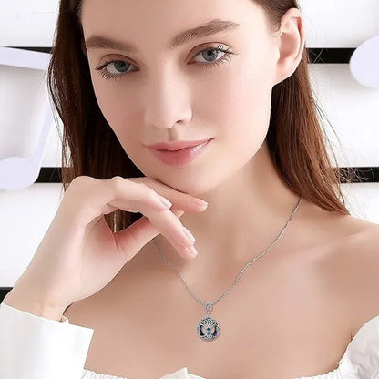 European and American Fashion Women Celtic Life Tree Crystal Pendant Necklace 925 Sterling Silver Star Round Sapphire Necklace Anniversary Party Birthday Gifts for Daughte