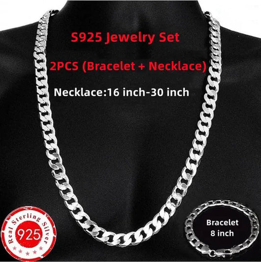 European and American Fashion 925 Sterling Silver Italian Curb Link Chain Necklace Bracelet 925 Silver High Quality Jewelry Sets for Women and Men