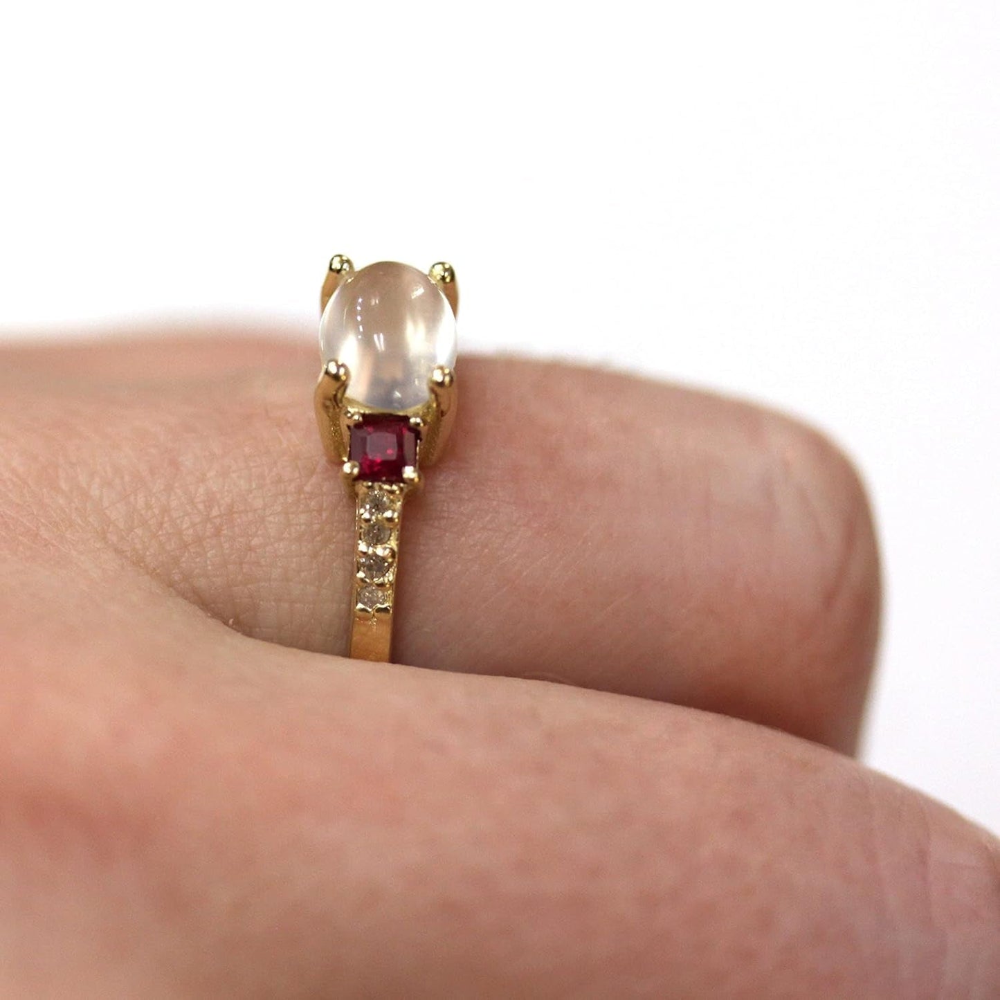 2.65 Ct Tw Natural Cabochon Moonstone, Red Ruby & Diamond Solid 14K Rose Gold 3 Stone Engagement Ring for Women 6 Mm (18K Yellow Gold, 7.5)