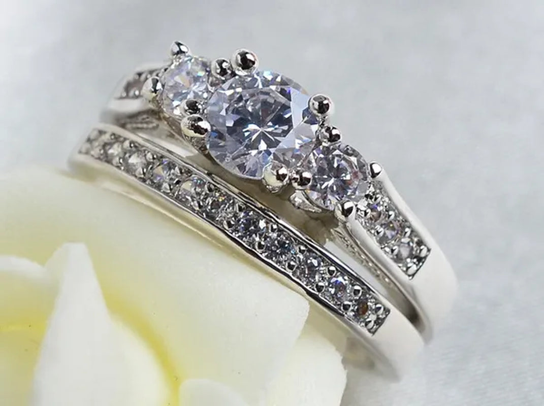 Sz6-9 10kt Wedding&Engagement Ring Bridal set White Gold Filled Three Stone CZ Lady Band