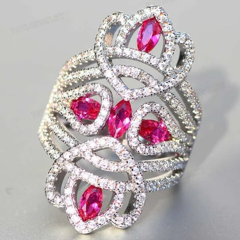Silver Natural Gemstones White Sapphire & Ruby Ring Birthstone Bride Wedding Engagement Multilayer Princess Cross Ring Size 6 7 8 9 10