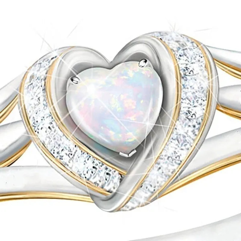 925 Silver 18k Gold Heart Shaped Opal Diamond Ring Ladies Engagement Ring Fashion Jewelry Gift for Mom Size 6-10