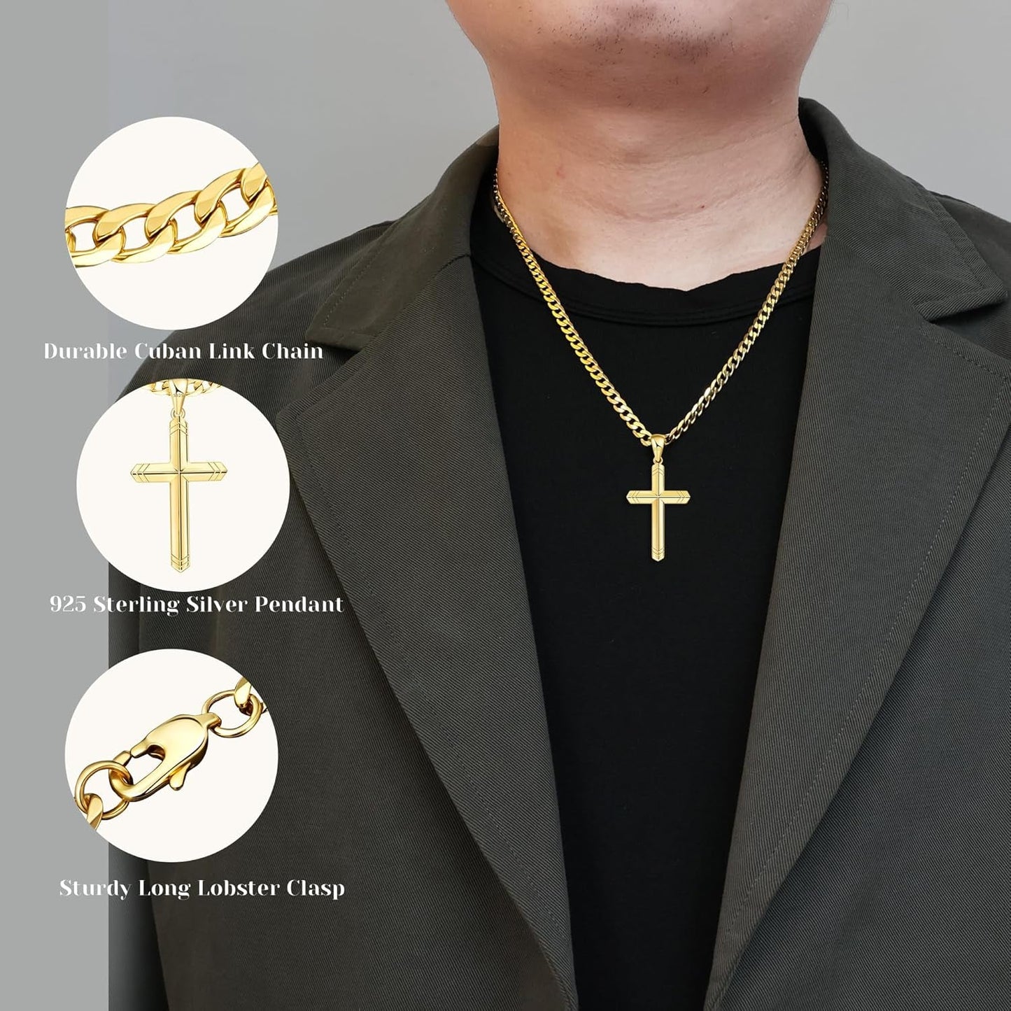 925 Sterling Silver Cross Necklace for Men, 18K Gold over Real Silver Cross Pendant Necklace with 4.5MM Durable Stainless Steel Cuban Link Curb Chain Shiny Cross Necklaces 16-28 Inches