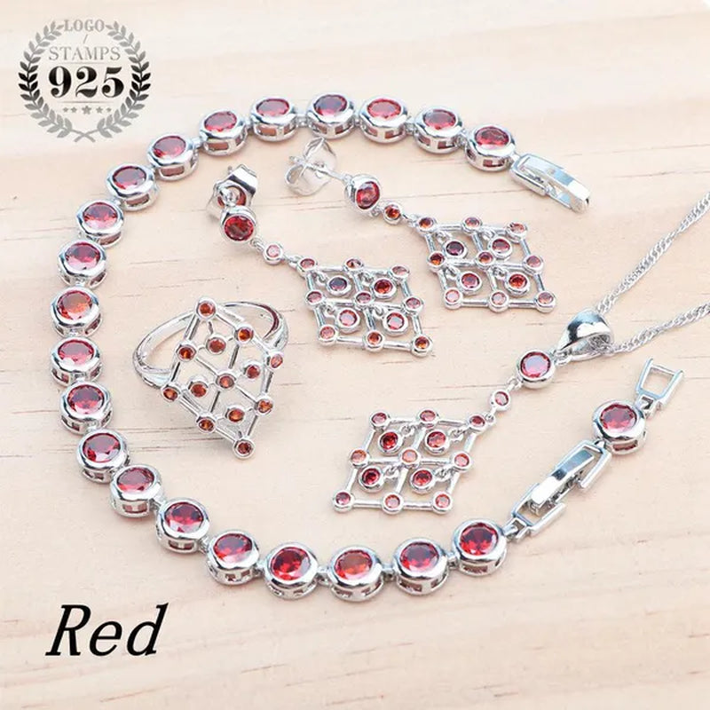 925 Silver Zircon Bridal Jewelry Set For Women Bracelet Earrings Pendant Necklace Rings