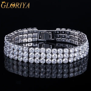 Gloriya Hot Selling Gorgeous 3 Row Round Sparkly Top Grade Zirconia Wide Bridal Bracelets for Women Engagement Wedding Party Jewelry