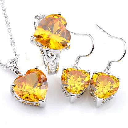 Luckyshine Heart Fire Royal Citrine Gems Silver Rings Earrings Pendants Necklace Jewelry Sets for Valentine'S Day Gift