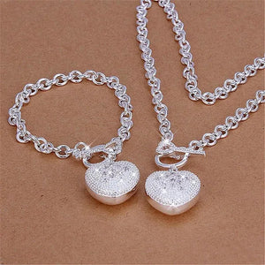 925 Sterling Silver Cute Crystal Heart Pendant Bracelet Necklace Set for Woman Wedding Engagement Party Charm Jewelry Gift