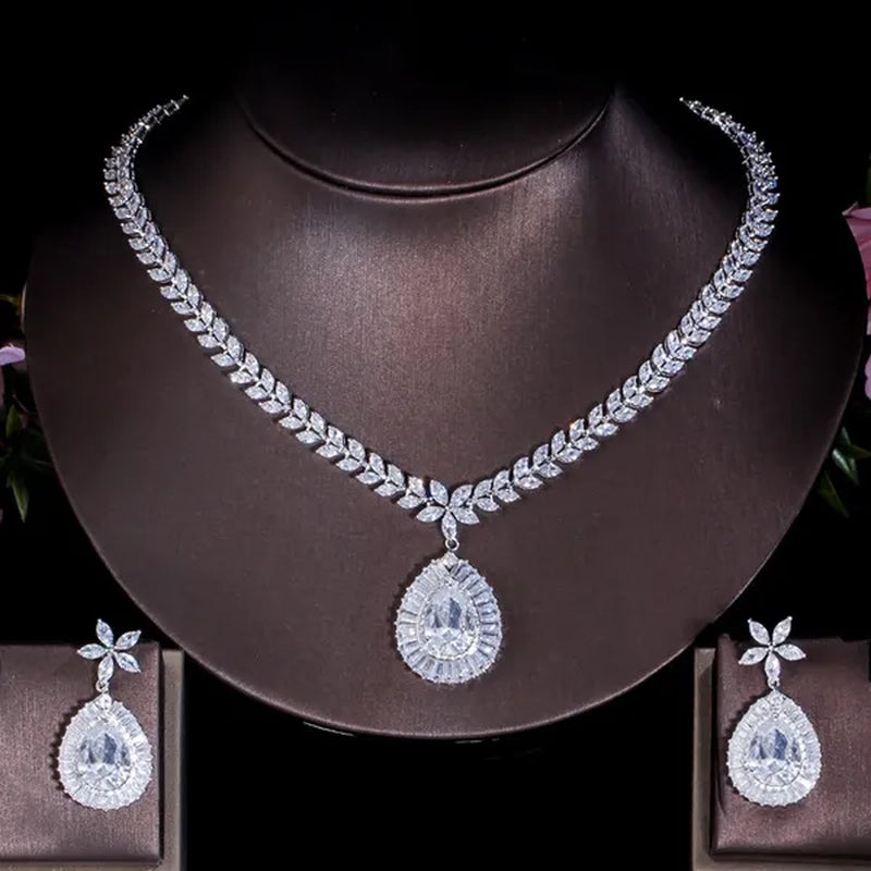 CANDICE Luxury Bridal Red CZ Stone Costume Jewelry Sets Pear Drop Red Zirconia Party Necklace Earrings Set for Women Wedding