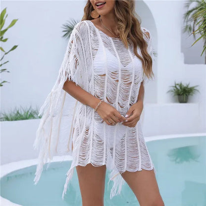 Fashion Women Summer Beach Bikini Cover up Hollow Out Knitted Tassel Sweater Dresses Swimwear Irregular Covers（7 Colors）