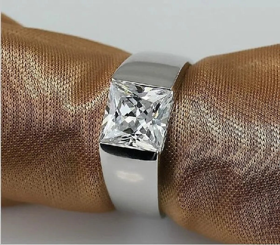 Men's Eternity 925 Silver Square Diamond Simulated CZ Stone Solitaire Ring