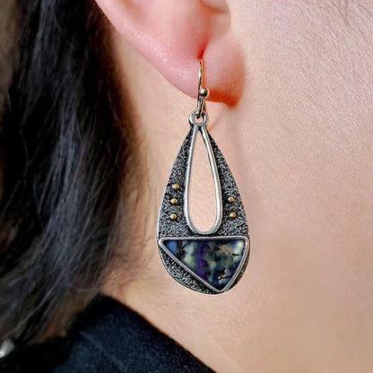 1 Pair Antique 925 Sterling Silver Pendant Earrings Natural Gemstone Inlay Dangle Earrings Bridal Engagement Wedding Anniversary Gift Bohemian Style Earrings