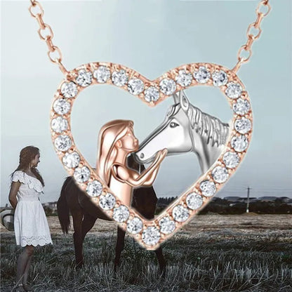 Exquisite Fashion Women's Creative Girl and Horse Necklace Heart Diamond Pendant Necklace Women's Animal Jewelry Accessories Birthday Anniversary Gift