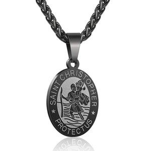 Religious Catholicism Amulet Oval Saint Christopher Necklace for Men Women, 316L Stainless Titanium Steel Catholic Patron Saint of Travellers St Christopher Pendant with Chain 23.6 Inches Black / Silver / Gold