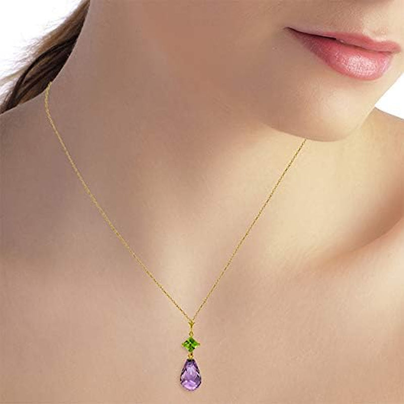 5.5 Carat 14K Solid Gold Necklace with Natural Peridot and Natural Amethyst Pendant