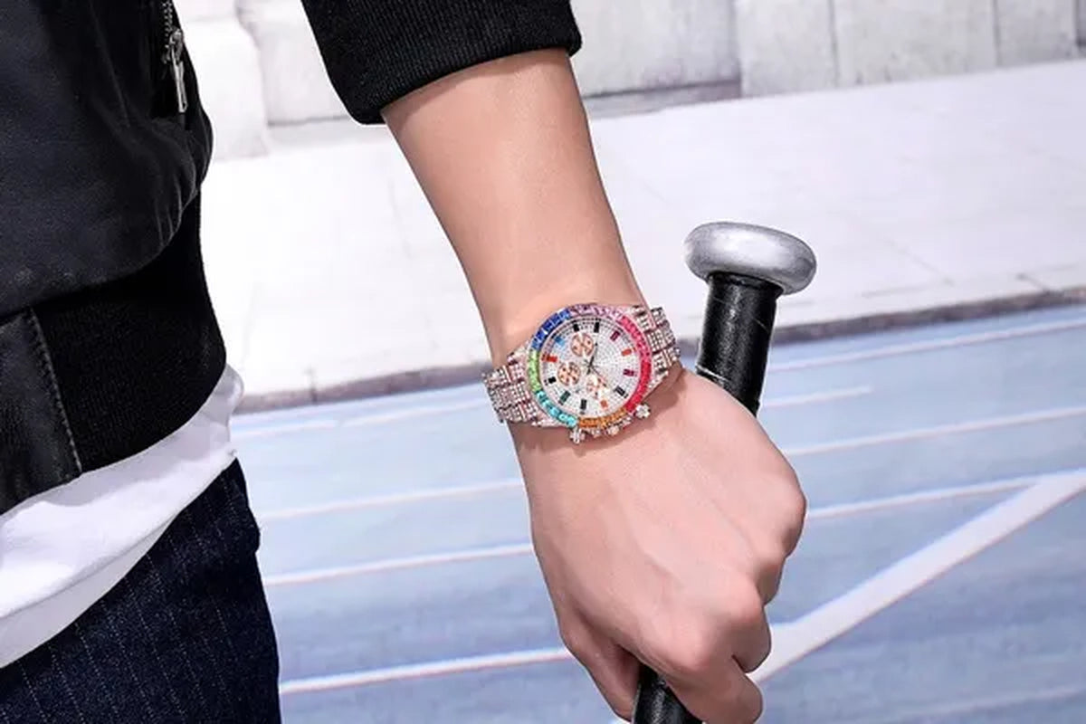 Men Watch Luxury Brand Mens Gold Men Watch Quartz Clock Chronograph Colorful Diamond Steel Iced Out Watch Reloj Hombre