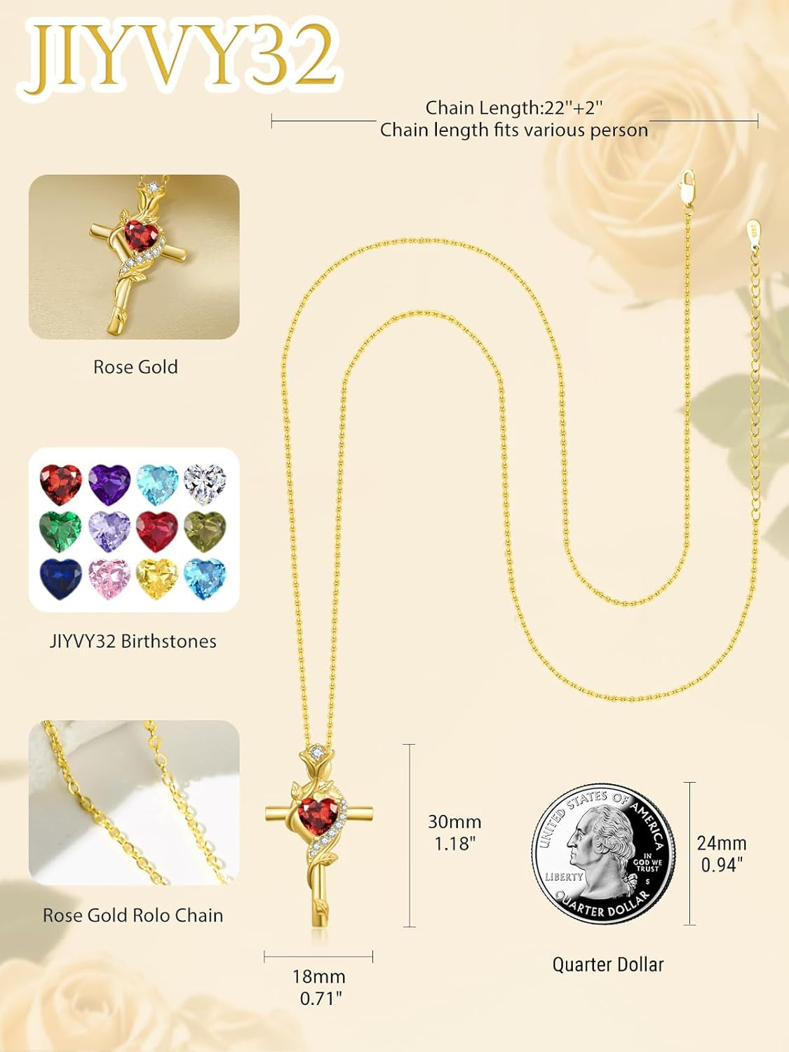 Rose Cross Necklaces for Women, 14K/18K/24K Gold/Rose Gold Cross Jewelry with Birthstone Pendant, Valentines Day Birthday Gifts for Women, 18+2 Inch Chain