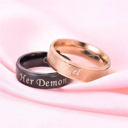 Fashion 'His Angel' 'His Angel' Stainless Steel Couples Ring Wedding Ring Gifts For Lovers (Style: Black-'Her Demon' For Men, Rose Gold-'His Angel')