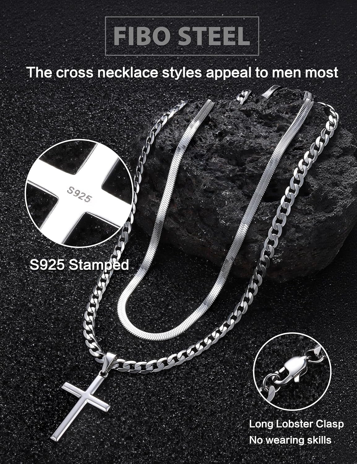 925 Sterling Silver Cross Necklace for Men - Waterproof Layered Sterling Silver Cross Pendant Necklaces Stainless Steel Cuban Link Herringbone Cross Chain Necklace Set Jewelry Gifts 16-30 Inches