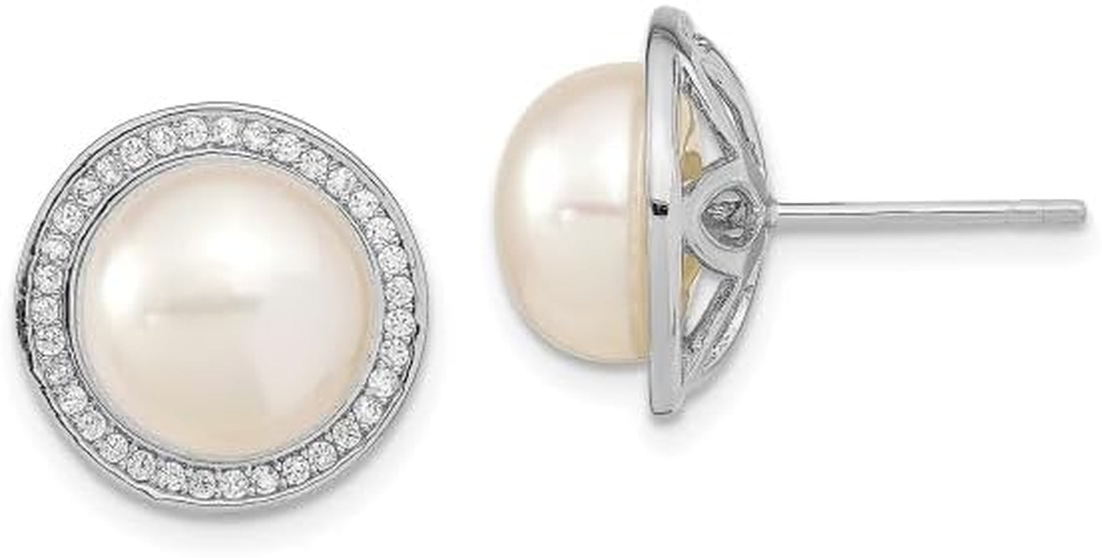 925 Sterling Silver 10 11Mm Button Freshwater Cultured Pearl Cubic Zirconia CZ Stud Earrings