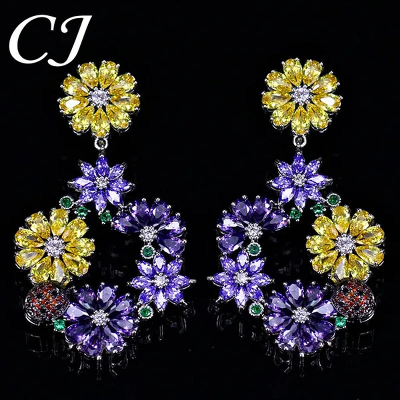 CANDICE Noble Purple Crystal Big Long Dropping Earrings Setting White Gold Plated Yellow Cubic Zirconia Graceful Floral Women Prom Party Jewelry With Sterling Silver Plated
