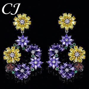 CANDICE Noble Purple Crystal Big Long Dropping Earrings Setting White Gold Plated Yellow Cubic Zirconia Graceful Floral Women Prom Party Jewelry With Sterling Silver Plated
