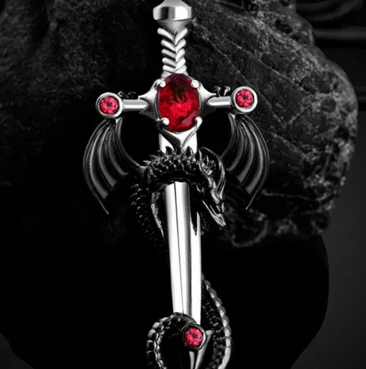 New High Quality Vintage Gothic Warrior Dragon and Ruby/Sapphire/Green Gem Sword Pendant Necklace Punk Men's 316L Stainless Steel Party Jewelry Biker Jewelry Best Gifts for Men
