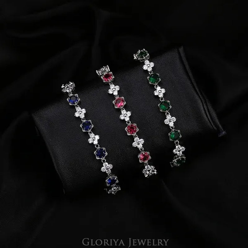 Gloriya Elegant Goddess Silver Plated Link Bracelet Cluster Flower Shape White and Blue AAA Grade Zircon Charm Tennis Bracelet for Women