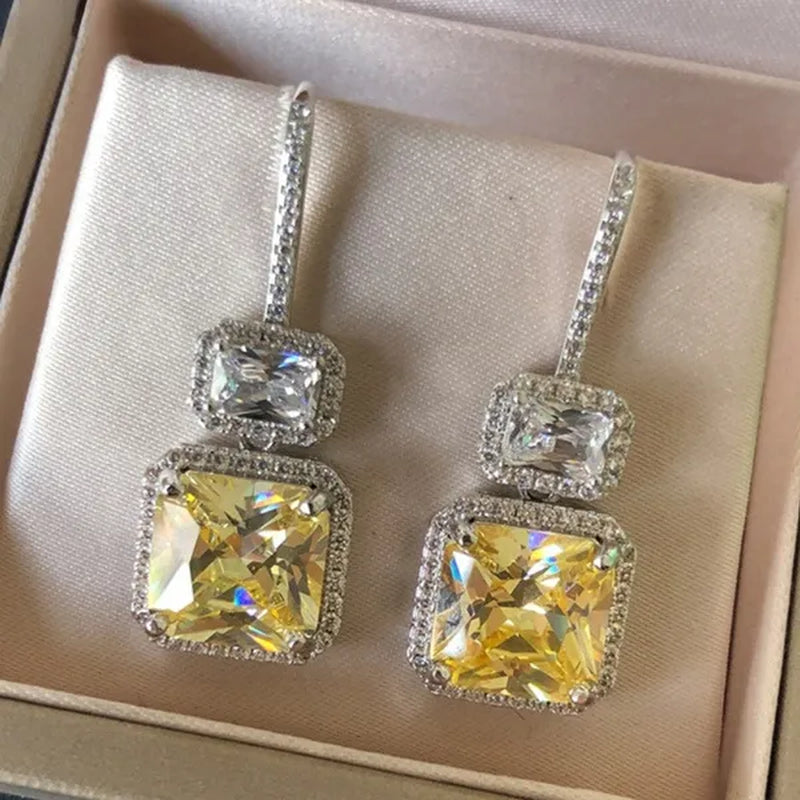 Square Citrine Pendant Silver Plated Lab Diamond Drop Dangle Earrings for Bridal Engagement Wedding Fashion Women Earrings Jewelry Gift