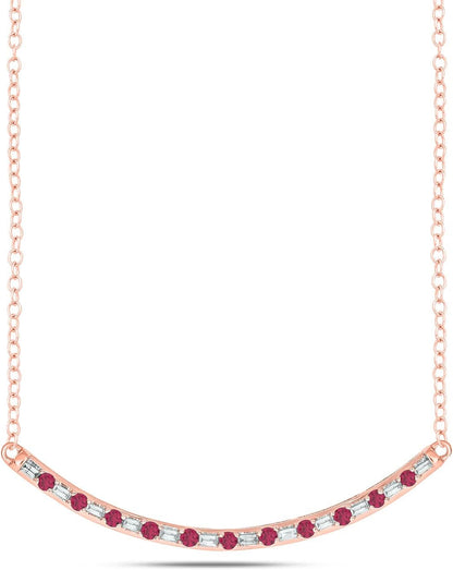 1/8Cttw Baguette and round Gemstone Necklace for Women, Diamond and Gemstone Bar Necklace in 14K Yellow, Rose or White Gold, Women'S Curved Line Necklace in Choice of Four Natural Gemstones, 18" Chain