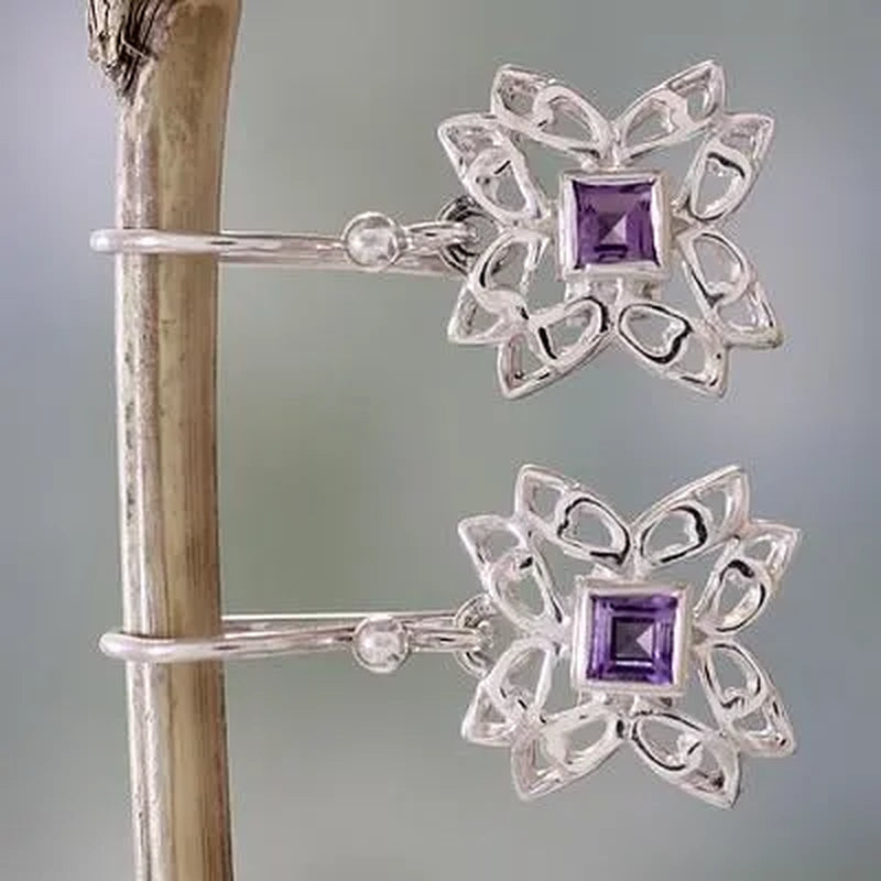 925 Sterling Silver Purple Amethyst Diamond Gemstones Birthstone Ear Studs Earring Bride Princess Wedding Engagement