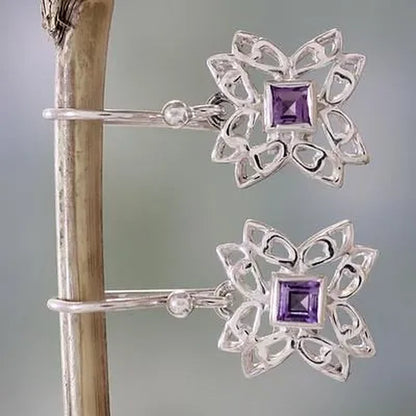 925 Sterling Silver Purple Amethyst Diamond Gemstones Birthstone Ear Studs Earring Bride Princess Wedding Engagement