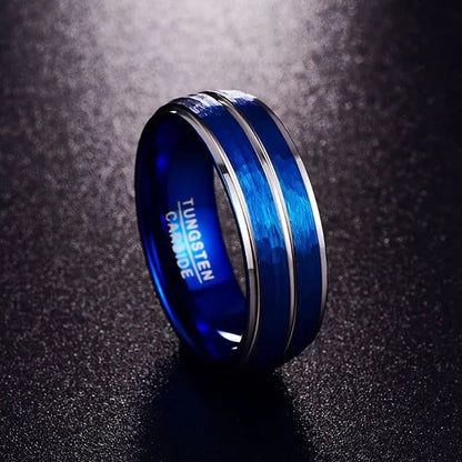 NEW 8mm Polished Grooved Tungsten Steel Rings Blue Brushed Hammered Step Edge Jewelry  for Men Wedding Band
