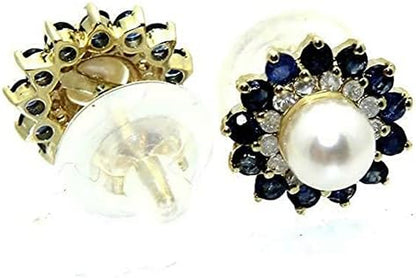 Vintage 14K Yellow Gold Plated 1.36Ct Sapphire Pearl Diamond Floral Stud Earrings