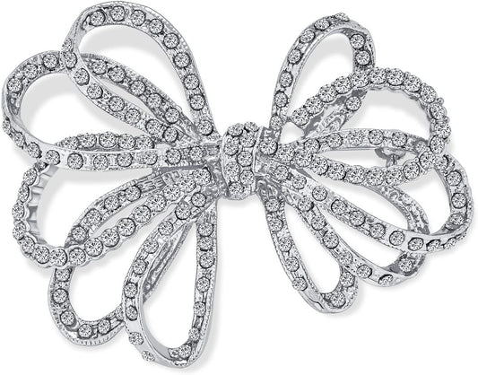 Winter Holiday Blue White Glittering Crystal Bridal Fashion Large Statement Ribbon Scarf Bow Brooch Pin for Women Rose Gold or Silver Plated