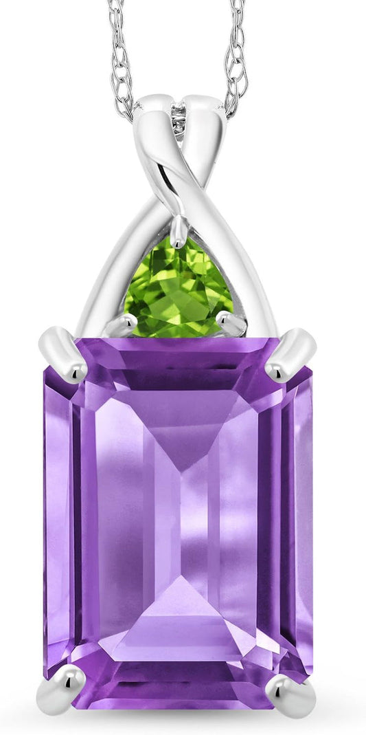 10K White Gold Purple Amethyst and Green Peridot Pendant Necklace, 7.26 Ct Emerald Cut with 18 Inch Chain
