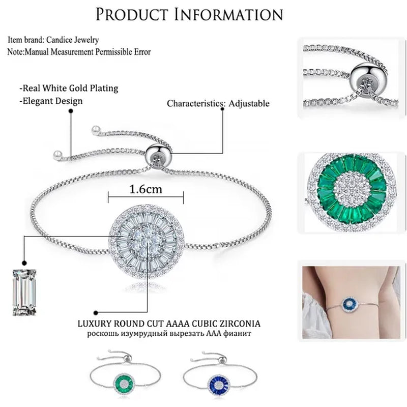 CANDICE Fashion Green round Charm Adjustable Slider Bracelet Bangle for Women White Gold Plated Cubic Zirconia Jewelry