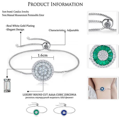 CANDICE Fashion Green round Charm Adjustable Slider Bracelet Bangle for Women White Gold Plated Cubic Zirconia Jewelry
